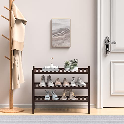ROMGUAR CRAFT 3 Tier Bamboo Shoe Rack for Closet Free Standing Wood Shoe Shelf for Entryway Small Space Stackable 27"x12"x21" (Black Brown)