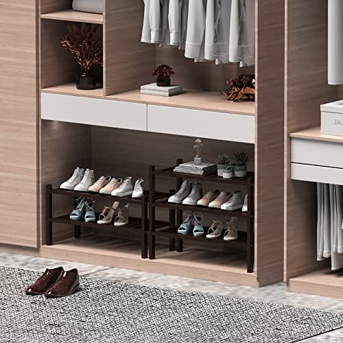 ROMGUAR CRAFT 3 Tier Bamboo Shoe Rack for Closet Free Standing Wood Shoe Shelf for Entryway Small Space Stackable 27"x12"x21" (Black Brown)