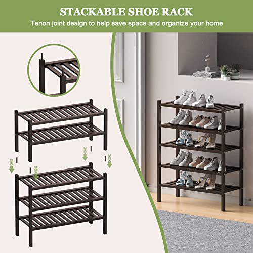 ROMGUAR CRAFT 3 Tier Bamboo Shoe Rack for Closet Free Standing Wood Shoe Shelf for Entryway Small Space Stackable 27"x12"x21" (Black Brown)