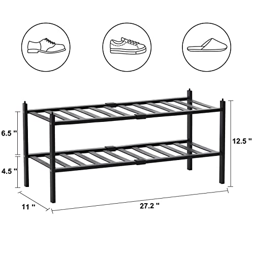 quiseolu Bamboo Shoe Rack 2 Tier Stackable Shoe Shelf Small Shoe Racks DIY Free Standing Shoe Stand for Closet Entryway Bedroom Floor Dorm Sturdy Black Shoes Organizer D11 * W27.2 * H12.6 Inches