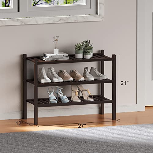 ROMGUAR CRAFT 3 Tier Bamboo Shoe Rack for Closet Free Standing Wood Shoe Shelf for Entryway Small Space Stackable 27"x12"x21" (Black Brown)
