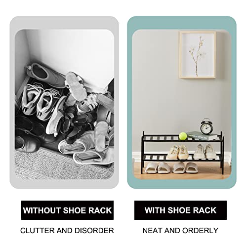 quiseolu Bamboo Shoe Rack 2 Tier Stackable Shoe Shelf Small Shoe Racks DIY Free Standing Shoe Stand for Closet Entryway Bedroom Floor Dorm Sturdy Black Shoes Organizer D11 * W27.2 * H12.6 Inches