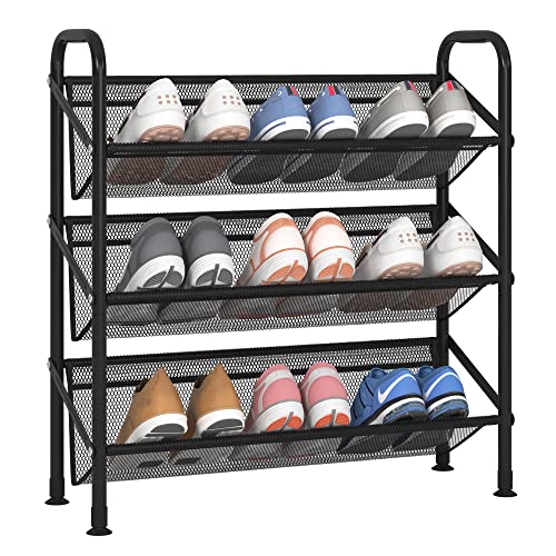 FKUO 3 Tier Shoe Rack grid fabric small Shoe Storage Unit Tall Shoe Organizer Shelf for Entryway, Hallway, Closet, Dorm Room (Black, 3 Tier)