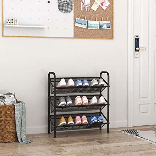 FKUO 3 Tier Shoe Rack grid fabric small Shoe Storage Unit Tall Shoe Organizer Shelf for Entryway, Hallway, Closet, Dorm Room (Black, 3 Tier)