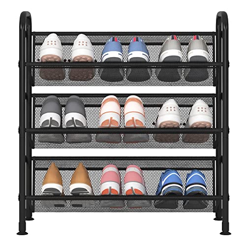 FKUO 3 Tier Shoe Rack grid fabric small Shoe Storage Unit Tall Shoe Organizer Shelf for Entryway, Hallway, Closet, Dorm Room (Black, 3 Tier)