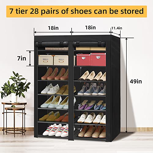 ERONE Shoe Rack Storage Organizer, 28 Pairs Portable Double Row with Nonwoven Fabric Cover Shoe Rack Cabinet for Closet (Black)