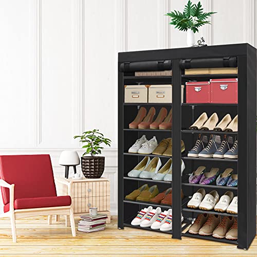 ERONE Shoe Rack Storage Organizer, 28 Pairs Portable Double Row with Nonwoven Fabric Cover Shoe Rack Cabinet for Closet (Black)