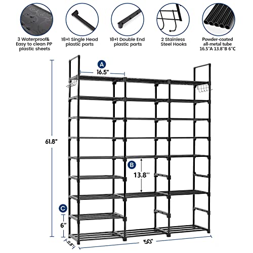 Mavivegue 9 Tiers Metal Shoe Rack Organizer, 50-55 Pairs Large Tall Shoe Storage,Shoe Holder,Shoe Stand,Vertical Free Standing Shoe Shelf,Heavy Duty Boot Rack for Entryway, Closet, Garage, Bedroom