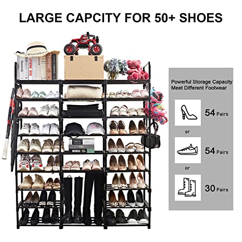 Mavivegue 9 Tiers Metal Shoe Rack Organizer, 50-55 Pairs Large Tall Shoe Storage,Shoe Holder,Shoe Stand,Vertical Free Standing Shoe Shelf,Heavy Duty Boot Rack for Entryway, Closet, Garage, Bedroom