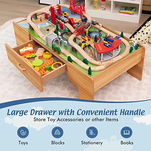 Costzon Train Table, 2 in 1 Kids Activity Table w/Storage Drawer, 100 Multicolor Pieces, Railway, Track, Cars, City, DIY Design, Reversible Tabletop, Gift for Boys Girls, Wooden Train Set (Natural)