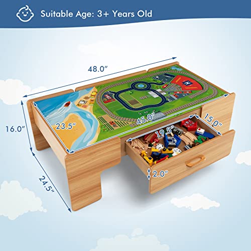 Costzon Train Table, 2 in 1 Kids Activity Table w/Storage Drawer, 100 Multicolor Pieces, Railway, Track, Cars, City, DIY Design, Reversible Tabletop, Gift for Boys Girls, Wooden Train Set (Natural)