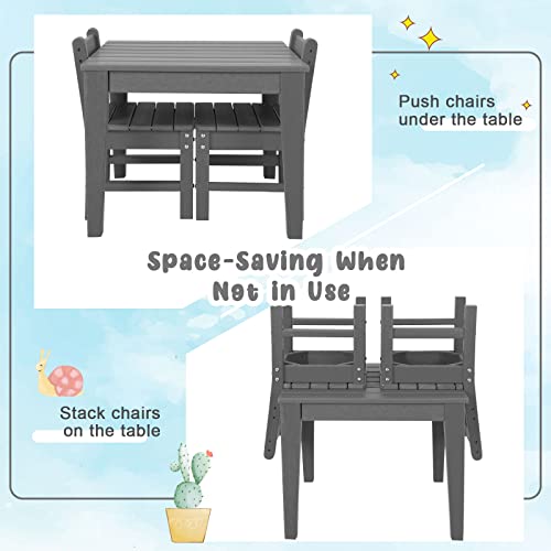 Costzon Kids Table and Chair Set, 3 Piece All-Weather Activity Table for Indoor & Outdoor, Heavy-Duty & Waterproof Furniture Set for Playroom, Nursery, Backyard, Toddler Table and Chair Set (Grey)