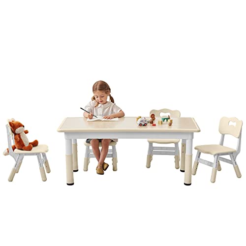 GITAWUSA Kids Study Table and Chairs Set, Height Adjustable Toddler Table and Chair Set for Kids Ages 3-8, Graffiti Desktop Plastic Children Art Table with 4 Seats