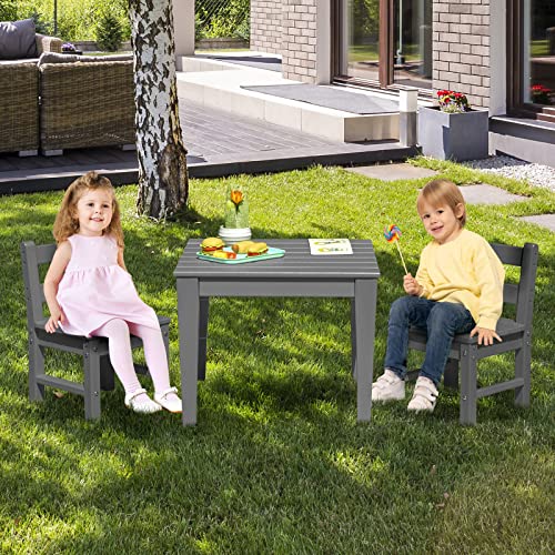 Costzon Kids Table and Chair Set, 3 Piece All-Weather Activity Table for Indoor & Outdoor, Heavy-Duty & Waterproof Furniture Set for Playroom, Nursery, Backyard, Toddler Table and Chair Set (Grey)