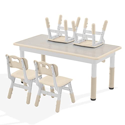 GITAWUSA Kids Study Table and Chairs Set, Height Adjustable Toddler Table and Chair Set for Kids Ages 3-8, Graffiti Desktop Plastic Children Art Table with 4 Seats