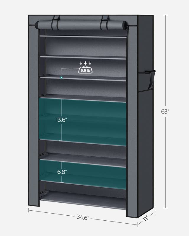 SONGMICS Shoe Rack, 9 Tier Shoe Organizer with Nonwoven Fabric Cover, Shoe Storage Shelf for 40-50 Pairs of Shoes, Entryway, Suitable for Sneakers, High Heels, Flats, and Boots, Gray URXJ36G