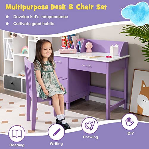 Costzon Kids Desk and Chair Set, Children Wooden School Learning Table w/Drawer & Storage Cabinets, Student Writing Computer Workstation for Bedroom & Study Room, Gift for Ages 3-8 (Purple)
