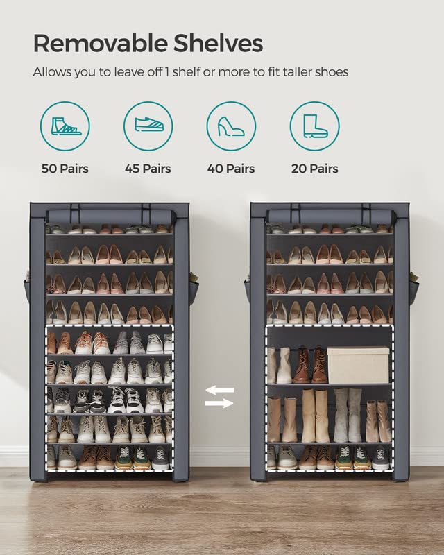 SONGMICS Shoe Rack, 9 Tier Shoe Organizer with Nonwoven Fabric Cover, Shoe Storage Shelf for 40-50 Pairs of Shoes, Entryway, Suitable for Sneakers, High Heels, Flats, and Boots, Gray URXJ36G