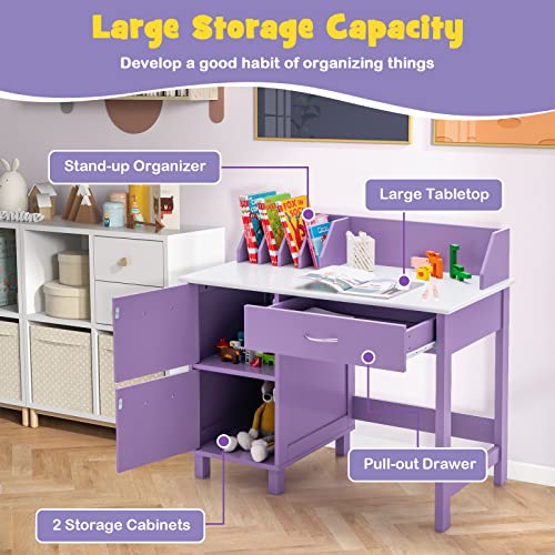 Costzon Kids Desk and Chair Set, Children Wooden School Learning Table w/Drawer & Storage Cabinets, Student Writing Computer Workstation for Bedroom & Study Room, Gift for Ages 3-8 (Purple)