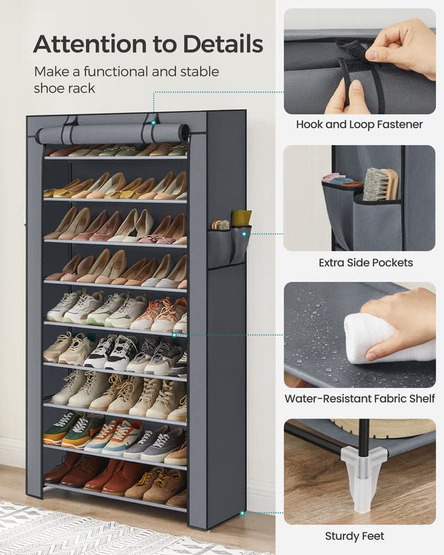SONGMICS Shoe Rack, 9 Tier Shoe Organizer with Nonwoven Fabric Cover, Shoe Storage Shelf for 40-50 Pairs of Shoes, Entryway, Suitable for Sneakers, High Heels, Flats, and Boots, Gray URXJ36G