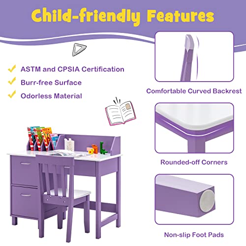 Costzon Kids Desk and Chair Set, Children Wooden School Learning Table w/Drawer & Storage Cabinets, Student Writing Computer Workstation for Bedroom & Study Room, Gift for Ages 3-8 (Purple)