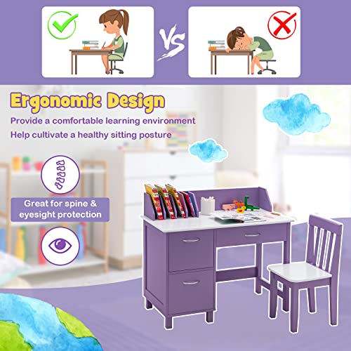 Costzon Kids Desk and Chair Set, Children Wooden School Learning Table w/Drawer & Storage Cabinets, Student Writing Computer Workstation for Bedroom & Study Room, Gift for Ages 3-8 (Purple)