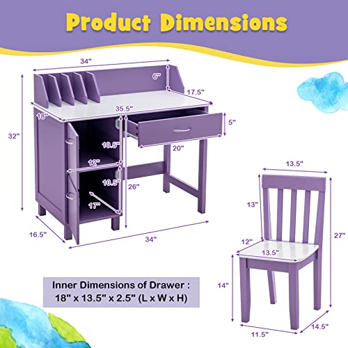 Costzon Kids Desk and Chair Set, Children Wooden School Learning Table w/Drawer & Storage Cabinets, Student Writing Computer Workstation for Bedroom & Study Room, Gift for Ages 3-8 (Purple)