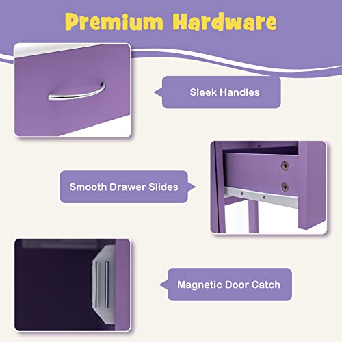 Costzon Kids Desk and Chair Set, Children Wooden School Learning Table w/Drawer & Storage Cabinets, Student Writing Computer Workstation for Bedroom & Study Room, Gift for Ages 3-8 (Purple)
