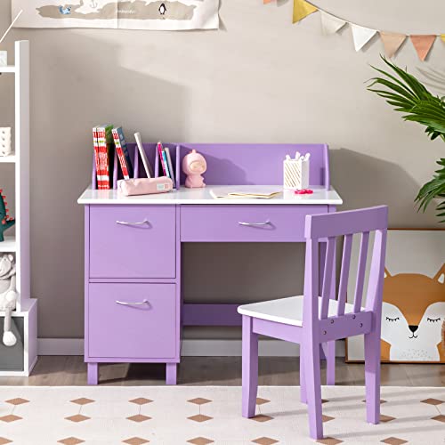 Costzon Kids Desk and Chair Set, Children Wooden School Learning Table w/Drawer & Storage Cabinets, Student Writing Computer Workstation for Bedroom & Study Room, Gift for Ages 3-8 (Purple)