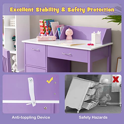 Costzon Kids Desk and Chair Set, Children Wooden School Learning Table w/Drawer & Storage Cabinets, Student Writing Computer Workstation for Bedroom & Study Room, Gift for Ages 3-8 (Purple)