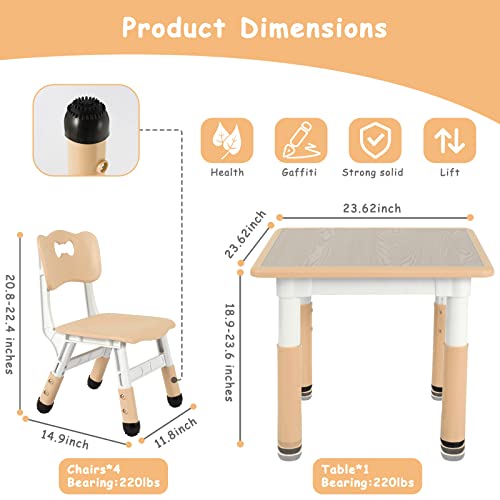 Arlopu Big Kids Study Table and 4 Chair Set, Height Adjustable Toddler Table and Chair Set for 4, Multifunctional Toddler Table, Reading, Drawing, Eating Interaction (Beige, Square Table)