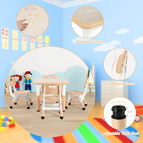 Arlopu Big Kids Study Table and 4 Chair Set, Height Adjustable Toddler Table and Chair Set for 4, Multifunctional Toddler Table, Reading, Drawing, Eating Interaction (Beige, Square Table)
