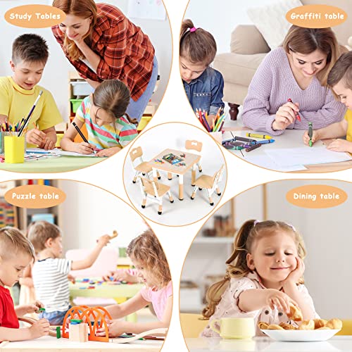 Arlopu Big Kids Study Table and 4 Chair Set, Height Adjustable Toddler Table and Chair Set for 4, Multifunctional Toddler Table, Reading, Drawing, Eating Interaction (Beige, Square Table)