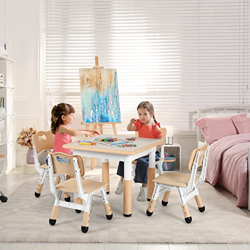Arlopu Big Kids Study Table and 4 Chair Set, Height Adjustable Toddler Table and Chair Set for 4, Multifunctional Toddler Table, Reading, Drawing, Eating Interaction (Beige, Square Table)