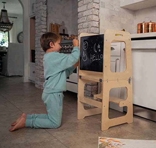 Avenlur Date 4-in-1 Kitchen Learning Tower Montessori and Waldorf Style for Toddlers and Kids 18 Months to 6 Years - The Ideal Counter Stepping Stool with Chalkboard, Desk Table, and Chair All in One
