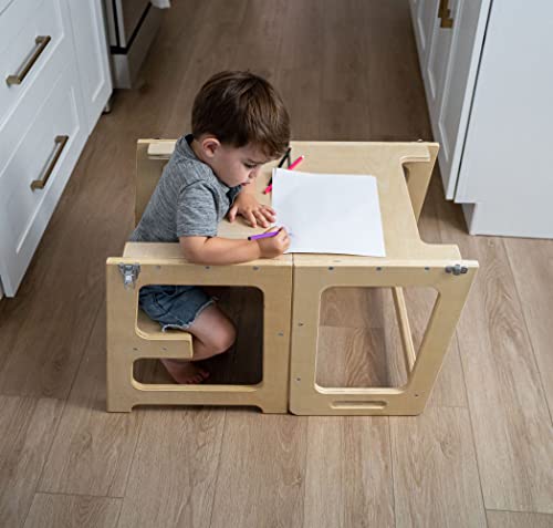 Avenlur Date 4-in-1 Kitchen Learning Tower Montessori and Waldorf Style for Toddlers and Kids 18 Months to 6 Years - The Ideal Counter Stepping Stool with Chalkboard, Desk Table, and Chair All in One