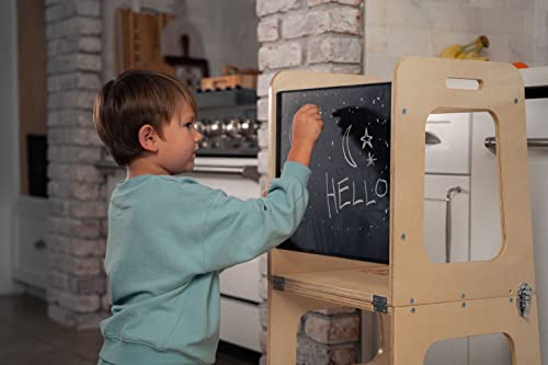 Avenlur Date 4-in-1 Kitchen Learning Tower Montessori and Waldorf Style for Toddlers and Kids 18 Months to 6 Years - The Ideal Counter Stepping Stool with Chalkboard, Desk Table, and Chair All in One