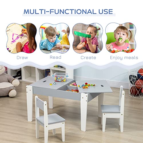 Qaba 3 Pcs Kids Table and Chair Set with Storage Under Tabletop, Activity Table and 2 Chairs, Kids Drawing Table for Playroom Furniture, Grey