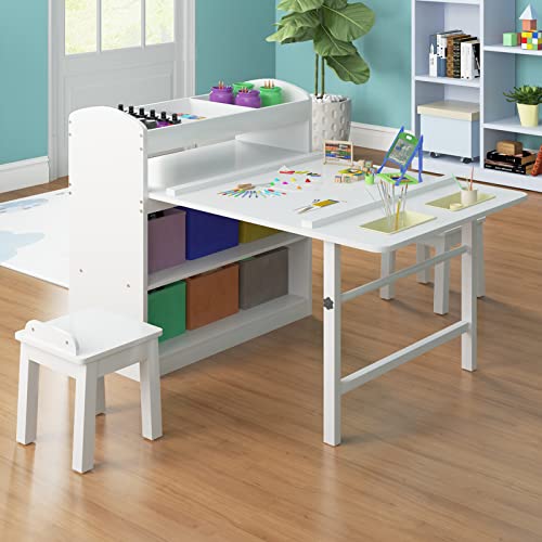 Mjkone Kids Art Table and 2 Chair Set, Kids Wooden Table Set for Chirldren, Toddler Table with Supplies Storage, Canvas Bins,Paper Roll,Preschool Toddler Wooden Learning Furniture,White,CPC Certified