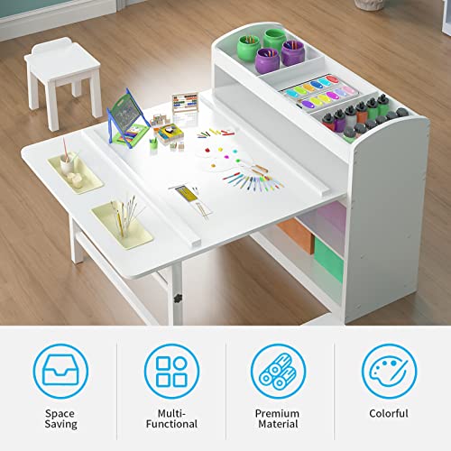 Mjkone Kids Art Table and 2 Chair Set, Kids Wooden Table Set for Chirldren, Toddler Table with Supplies Storage, Canvas Bins,Paper Roll,Preschool Toddler Wooden Learning Furniture,White,CPC Certified