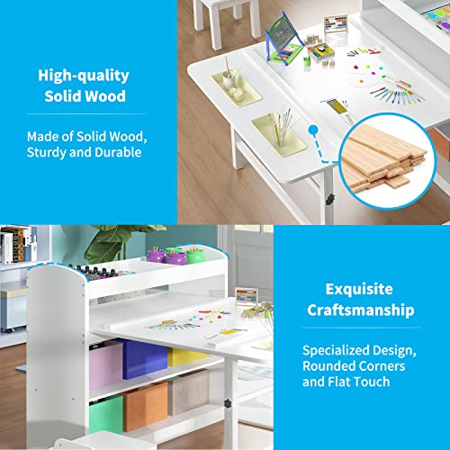 Mjkone Kids Art Table and 2 Chair Set, Kids Wooden Table Set for Chirldren, Toddler Table with Supplies Storage, Canvas Bins,Paper Roll,Preschool Toddler Wooden Learning Furniture,White,CPC Certified