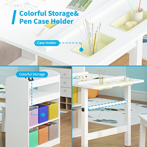 Mjkone Kids Art Table and 2 Chair Set, Kids Wooden Table Set for Chirldren, Toddler Table with Supplies Storage, Canvas Bins,Paper Roll,Preschool Toddler Wooden Learning Furniture,White,CPC Certified
