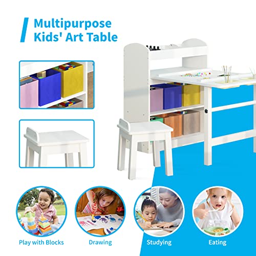 Mjkone Kids Art Table and 2 Chair Set, Kids Wooden Table Set for Chirldren, Toddler Table with Supplies Storage, Canvas Bins,Paper Roll,Preschool Toddler Wooden Learning Furniture,White,CPC Certified