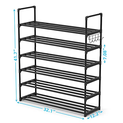 Hsscblet 6 Tiers Metal Shoe Rack,Adjustable Shoe Shelf Storage Organizer with Versatile Hooks,Stackable Boot & Shoe Storage,for Entryway,Hallway,Living Room,Closet,Black