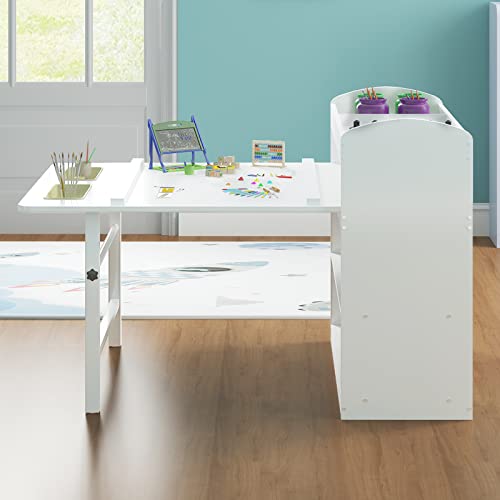 Mjkone Kids Art Table and 2 Chair Set, Kids Wooden Table Set for Chirldren, Toddler Table with Supplies Storage, Canvas Bins,Paper Roll,Preschool Toddler Wooden Learning Furniture,White,CPC Certified