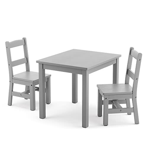 Curipeer Rubberwood Kids Table and Chair Set, Water Resistant Kids Table Set with 2 Chairs,Non-Slip Pad and Waterfall Edge Design,Easy to Clean,Child Gift for Boy,Girl in Bedroom,Playroom,Grey