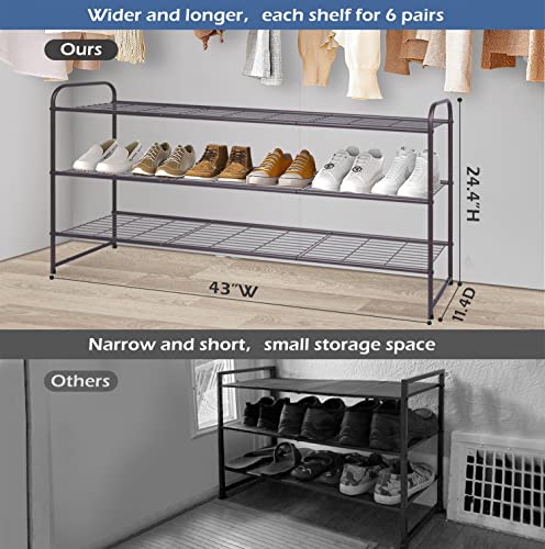 KEETDY Long 3-Tier Shoe Rack for Closet Floor Entryway, Wide Shoe Storage Organizer Stackable Metal Shoe Shelf for 24 Pairs Men Sneakers with Wire Grid for Bedroom, Bronze