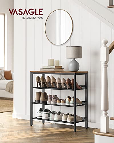 VASAGLE Shoe Rack for Entryway, 4 Tier Shoe Storage Shelves, 12-15 Pairs Shoe Organizer, with Sturdy Wooden Top and Steel Frame, Free Standing, Industrial, Rustic Brown and Black ULBS040B01