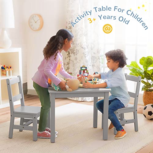 Curipeer Rubberwood Kids Table and Chair Set, Water Resistant Kids Table Set with 2 Chairs,Non-Slip Pad and Waterfall Edge Design,Easy to Clean,Child Gift for Boy,Girl in Bedroom,Playroom,Grey
