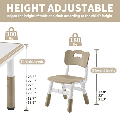 DOREROOM Toddler Table and Chairs Set for 4, 49''L x 25''W Kids Study Table and Chair Set, Height-Adjustable Scrubtable Desktop Child's Table for Daycare, Classroom, Home, Brown